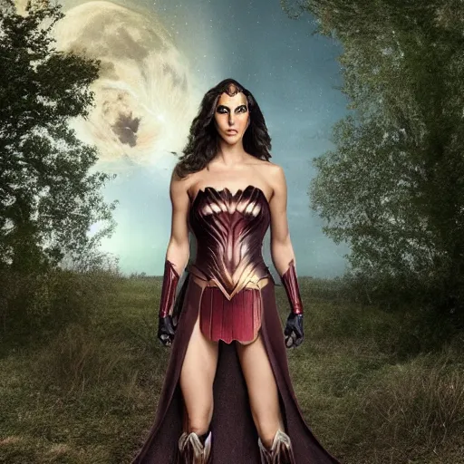 Prompt: Full body photo of the beautiful woman Gal Gadot as a female werewolf, she has a glow coming from her, she is getting ulluminated by the full moon, the photo was taking by Annie Leibovitz, matte painting, oil painting, naturalism, 4k, 8k