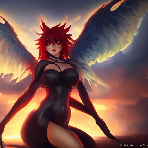 Prompt: an oil painting of rias gremory with demon wings, by artgerm, wlop and greg rutkowski, hd, hdr, ue 5, ue 6, unreal engine 5, cinematic 4 k wallpaper, 8 k, ultra detailed, high resolution, artstation, award winning