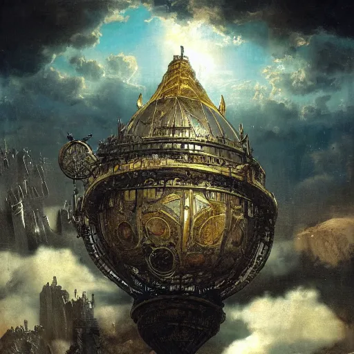 Image similar to enormous flying city in a faberge egg, sky, steampunk, fantasy art, masterpiece, hugh ferriss, unreal engine, peder balke, andreas achenbach cloudy background