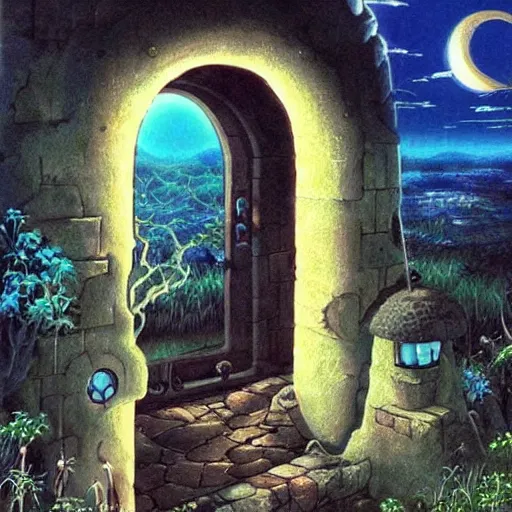 Image similar to gate portal with another world visible inside style studio ghibli and Gerald Brom, sprites flyng inside, dreamy, mystical, dark