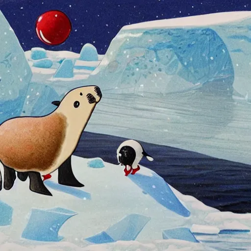 Image similar to cartoon drawing of a seal tossing a red ball with a sheep in antarctica. the seal's head is sticking out above the water and the sheep is standing near the edge of ice