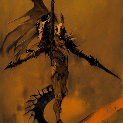 Image similar to warrior standing over dead dragon by jeffrey catherine jones