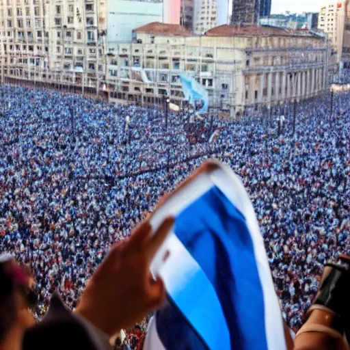 Image similar to Lady Gaga as president, Argentina presidential rally, Argentine flags behind, bokeh, giving a speech, detailed face, Argentina