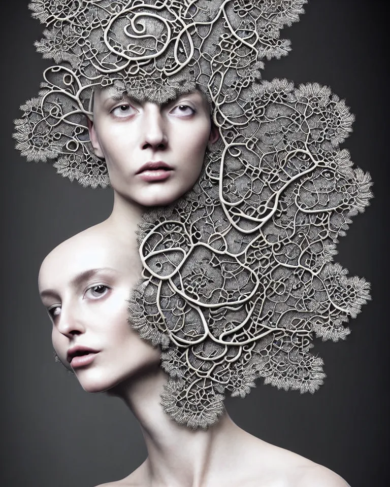 Prompt: surreal photo portrait of complex bio-mechanical beautiful young female vegetal-cyborg with a Mandelbrot fractal metal fine lace face, curled silver hair, 150 mm lens, soft rim light, fine metal floral foliage super big lace collar by Alexander McQueen, high fashion, haute couture, rococo, steampunk, silver filigree details, anatomical, facial muscles, cable wires, microchip, elegant, hyper realistic, octane render, unreal engine, in the style Dora Maar, volumetric lighting, 8k, vibrant reflective metallic coloring, wispy thin smoke tendrils, floating particles throughout, radiant energy aura