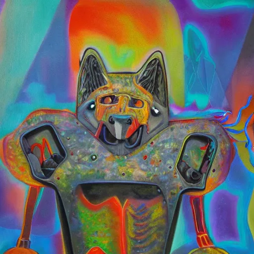 Prompt: an anthromorphic wolf robot using crack, by amanda clark in a psychedelic style, oil on canvas