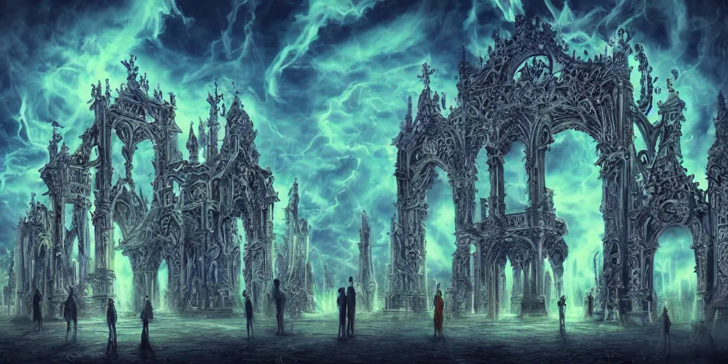 Prompt: [ palate ] [ nebulous energy ] [ muted colors ] benevolent soul spirits congregating in front of an intricate giant gothic gateway, deity spirit at the gate, vibrant neon nebulous clouds, paisley pattern synapse clouds, symmetrical details, hyper realistic illustration, radiant light rays, photorealistic illustration, intricate and fine details, volumetric lighting, artstation