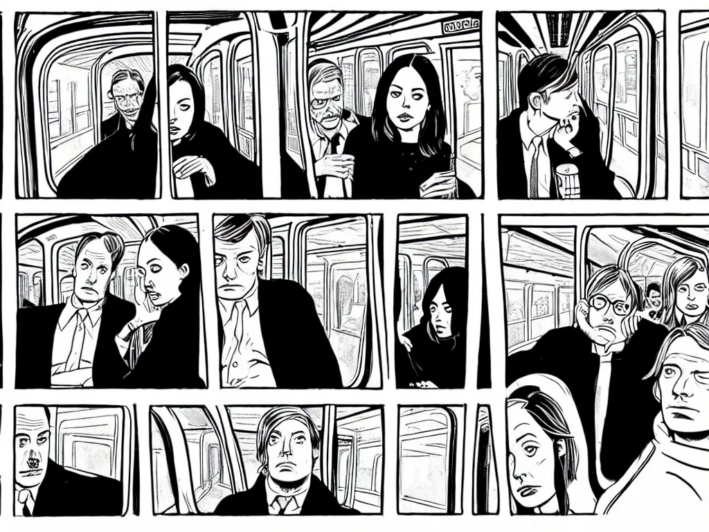 Prompt: a detailed comic panel by Daniel Clowes, 3/4 low angle view shot of two people sitting in an empty Chicago subway train, in front of windows: a sad Aubrey Plaza in a parka and a friendly Mads Mikkelsen in a suit