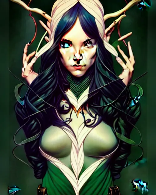 Image similar to artgerm, joshua middleton comic cover art, full body pretty female elven wood elf, symmetrical eyes, symmetrical face, long curly black hair, beautiful forest, rim lighting