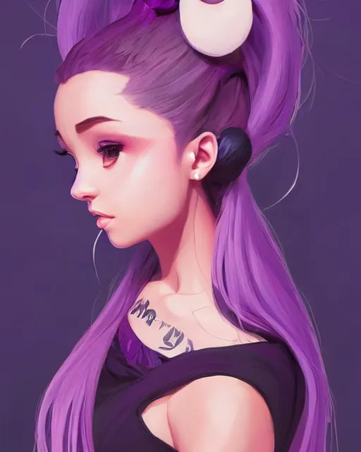 Image similar to beautiful Ariana Grande purple hair tattoos symmetrical face eyes full length fantasy art icon, 2d art cover , official fanart behance hd artstation by Jesper Ejsing, by RHADS, Makoto Shinkai and Lois van baarle, ilya kuvshinov, rossdraws