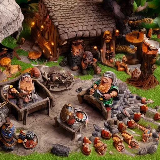 Image similar to dwarves party having good rest after work, intricate details