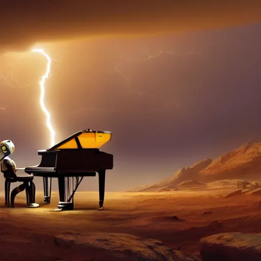 Prompt: UHD closeup of a Photorealistic Robot playing the piano during a stunning lightning storm on Mars, with a cool pose, by Antonio Caparo and Ferdinand Knab and Greg Rutkowski, UHD, photorealistic, trending on artstation, trending on deviantart