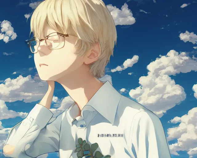 Image similar to teen looking at blue sky, wearing white collared shirt, back turned, looking up, illustration, by pine ( ハイネ ) and 薯 子 imoko and 香 川 悠 作 and wlop and maya takamura, highly detailed, trending artstation, pixiv, digital art