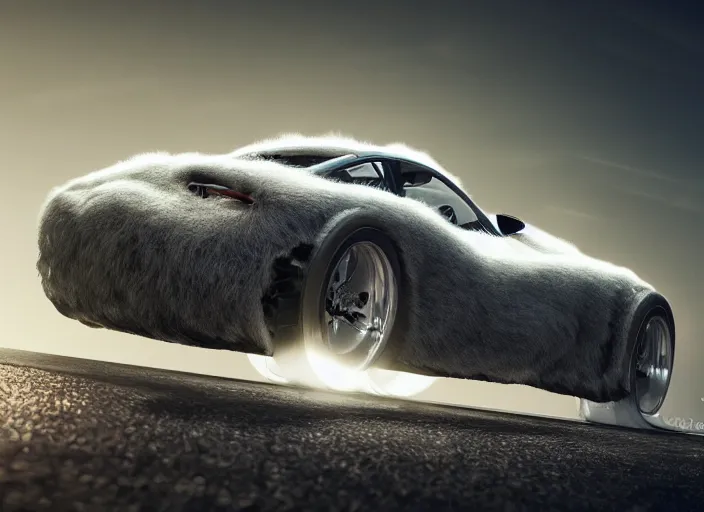 Image similar to hd wallpaper of a car made out of fur, octane render, 8 k, hyperrealistic, unreal 5, intricate detail, cinematic, studio lighting, concept art, trending on artstation