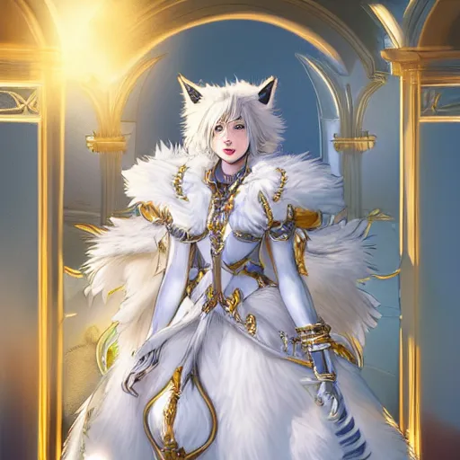 Prompt: commissioned full body portrait of a female anthropomorphic furry wolf princess fursona with white hair wearing a white and gold armored dress in a white and gold palace, by Wlop and jerry park, artstation, extremely detailed