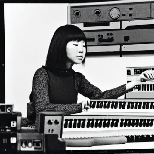 Image similar to 1 9 7 0 s photo of a female japanese musician playing a vintage modular synthesizer, hazy, faded