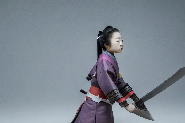 Image similar to beautiful photo of a young female samurai, practising sword stances, symmetrical face, beautiful eyes, huge oversized anime style sword, highly detailed, 8 k, award winning photo, muted pastels, action photography, 1 / 1 2 5 shutter speed, dramatic lighting