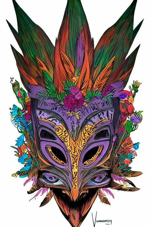 Image similar to animal mask totem roots flower tribal feather gemstone plant wood rock shaman vodoo video game vector cutout illustration vivid multicolor borderlands comics by josan gonzales and dan mumford radiating a glowing aura