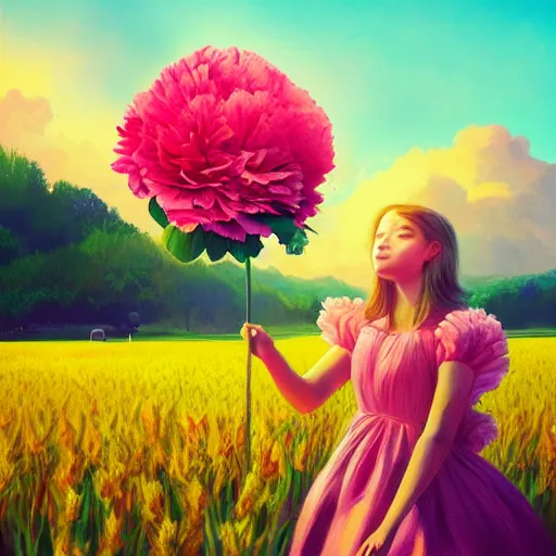 Image similar to giant carnation flower head, girl in a flower field, surreal photography, sunrise dramatic light, impressionist painting, colorful clouds, digital painting, artstation, simon stalenhag, flower face