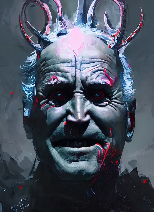 Image similar to dark demonic Joe Biden grinning emperor of the world, high contrast with devil horns, cosmic horror, abstract, masterpiece, trending on ArtStation, by Greg Rutkovski and by Craig Mullins and by David Cronenberg and by Ismail Inceoglu