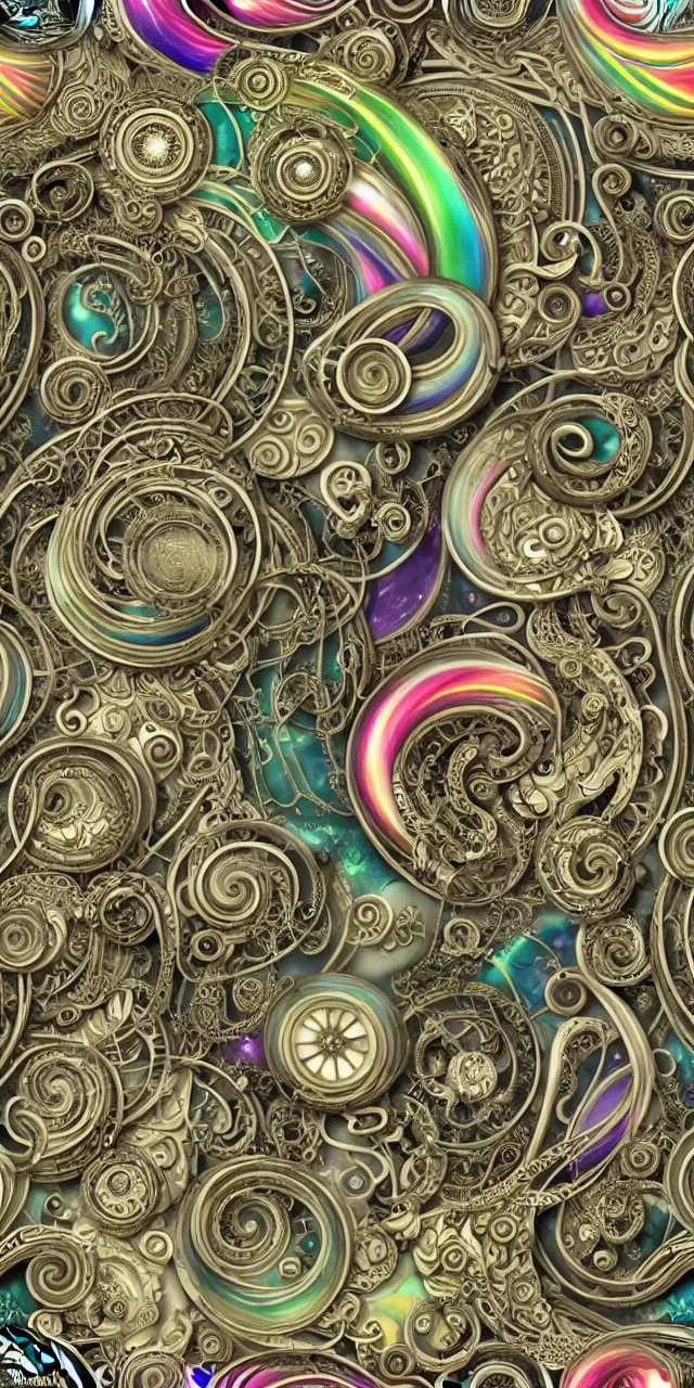 Image similar to seamless pattern of beautiful cybernetic robotic goddess with snakes cartier jewelry and cables arranged in a art nouveau damask pattern, subsurface scattering, rainbow liquids, inside organic robotic tubes and parts, black background, swirls and spirals of rainbow dragons, symmetrical composition + intricate details, hyperrealism, wet, reflections + by alfonse mucha, no blur