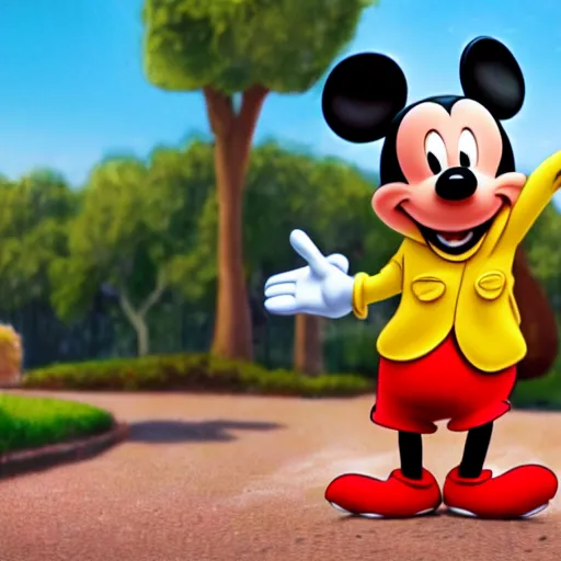 Image similar to a mouse with red pants and yellow shoes smiles, animated, disney