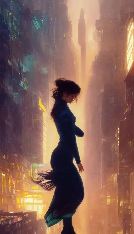 Prompt: hailee steinfeld, omicron, 2 0 1 8 blade runner movie still girl look at the cityscape from roof perfect face fine realistic face pretty face neon puffy jacket blue futuristic sci - fi elegant by denis villeneuve tom anders zorn hans dragan bibin thoma greg rutkowski ismail inceoglu illustrated sand storm alphonse mucha