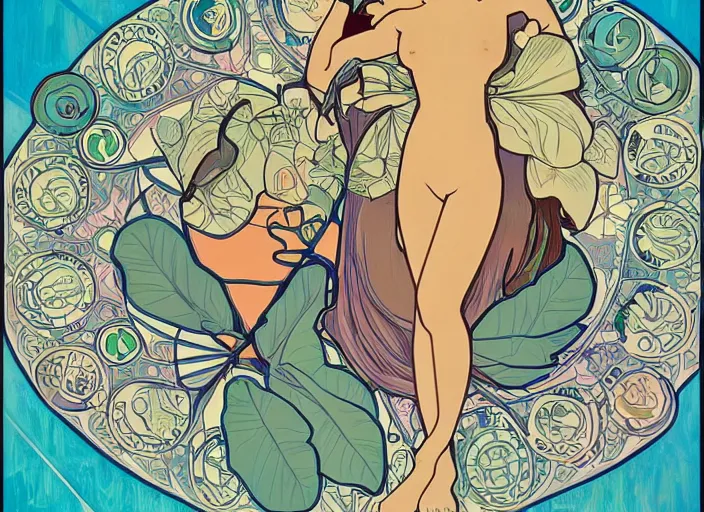 Image similar to coachella pool party, minimalist, alphonse mucha and pixar and artgerm, 4 k trending on tumblr