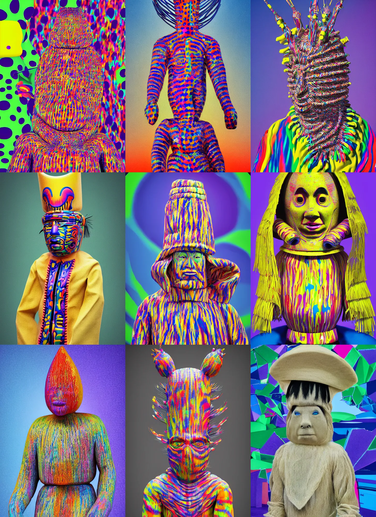 Prompt: a dream portrait of a Selk'nam plastic toy with a Capirote, by Al Feldstein , Yayoi Kusama , Lisa Frank, art toy, Award winning photo, iridiscense, Houdini algorithmic generative render, Accurate and detailed, sharp focus, octane render 8k , zoom out,