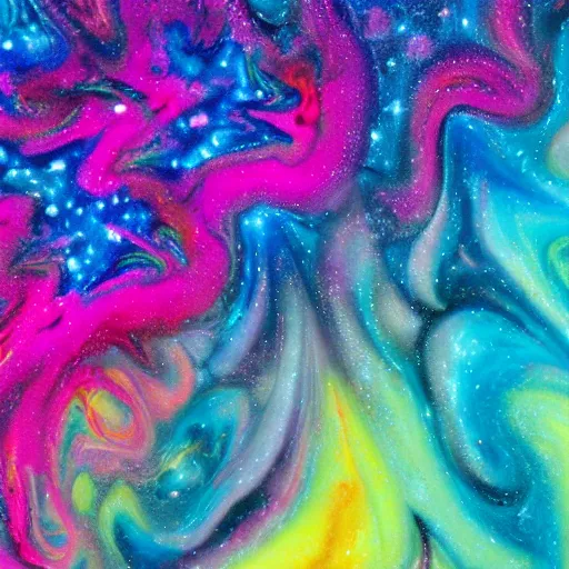 Prompt: paint pour, marbling, very detailed, 8k 4k, cosmic nebula, alien worlds, sherbert sky, glowing rainbow neon ink, deep color hokusai wave in synthwave style