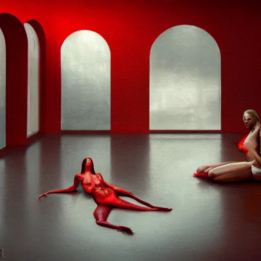 Image similar to Renee Herbert full body laying in a blood red pool of water between a golden mirror frame, outside is space and inside the mirror frame is a beautiful landscape., physically accurate, dynamic lighting, intricate, elegant, highly detailed, digital painting, artstation, HR GIGER, Hieronymus Bosch, Francis Bacon, concept art, smooth, sharp focus, illustration, art by artgerm and greg rutkowski and alphonse mucha