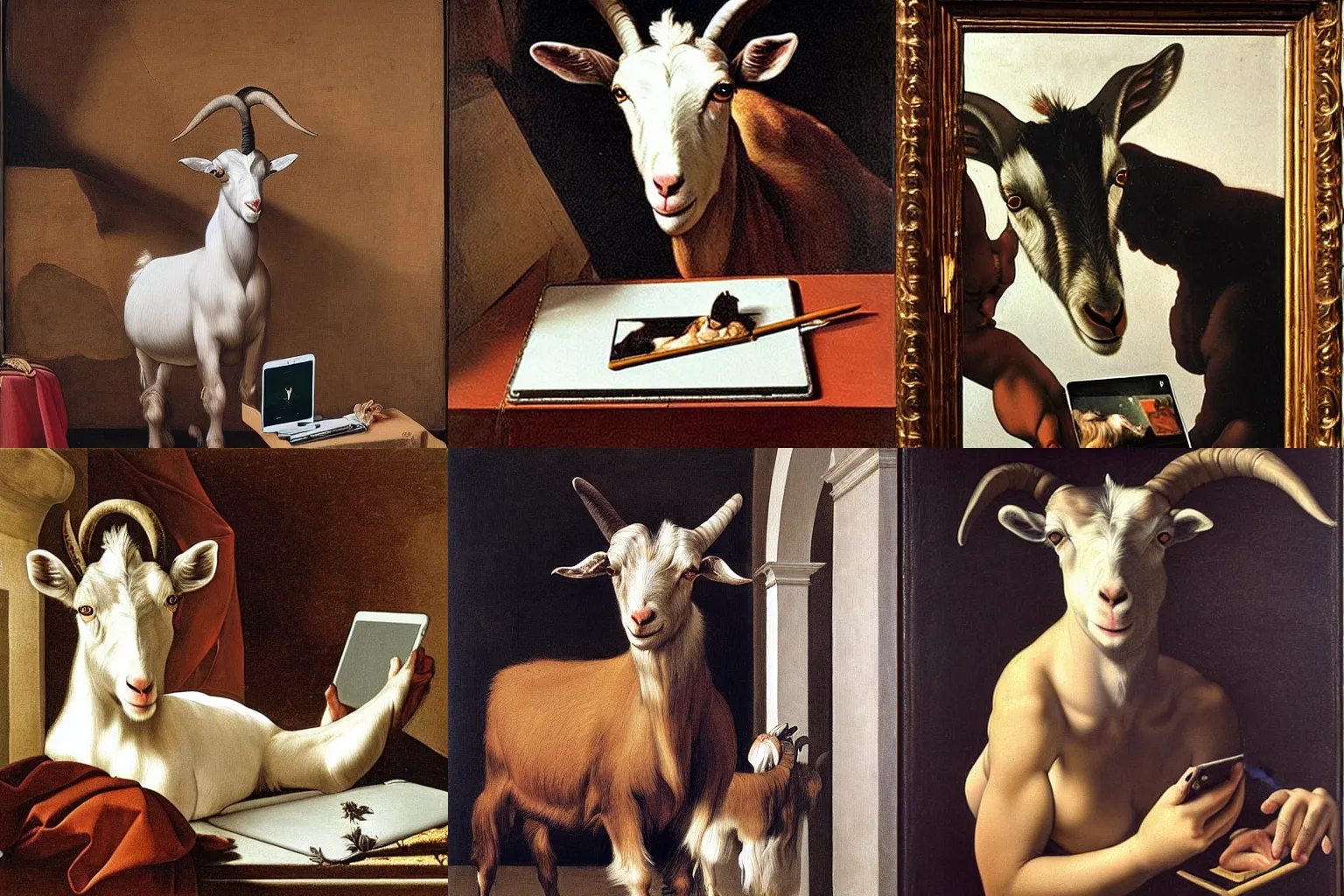 Prompt: A extremely highly detailed majestic hi-res beautiful, highly detailed painting of a goat taking a picture with an Ipad by Michelangelo Merisi da Caravaggio,