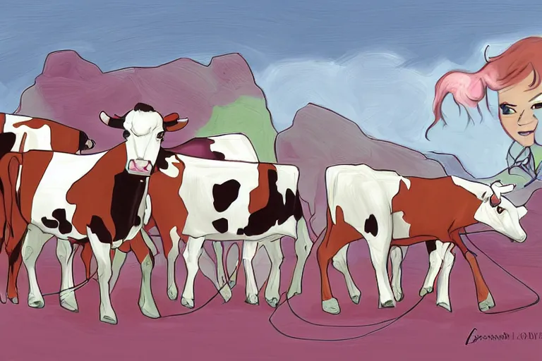 Prompt: Them's Fightin' Herds, Arizona Cow with her lasso, digital art by Lauren Faust