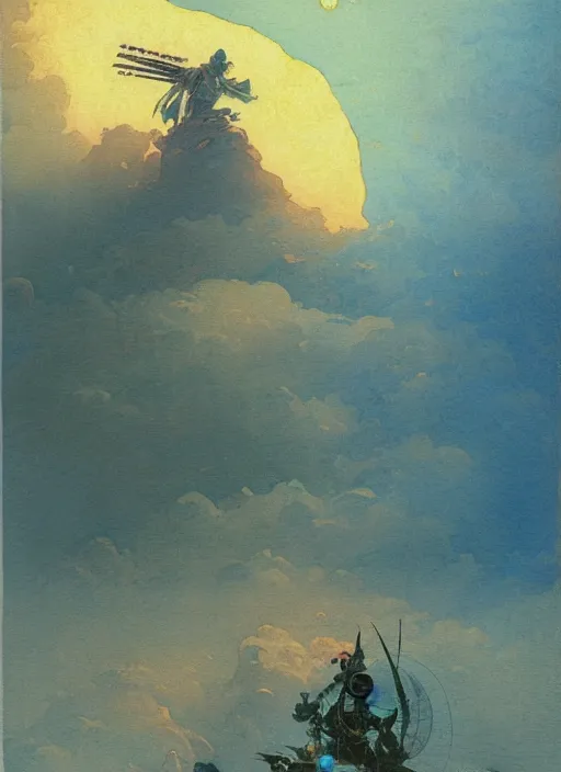 Prompt: vintage anime cinematic robot warrior emerging from moonlit tsunami wave over city by Ivan Aivazovsky, watercolor concept art by Syd Mead, by william herbert dunton, watercolor strokes, japanese woodblock, by Jean Giraud