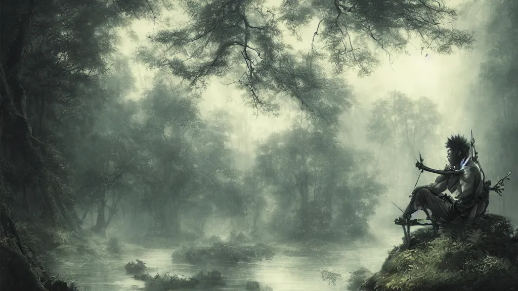 Prompt: sun wukong sitting alone in the melancholy forest. andreas achenbach, artgerm, mikko lagerstedt, zack snyder, tokujin yoshioka