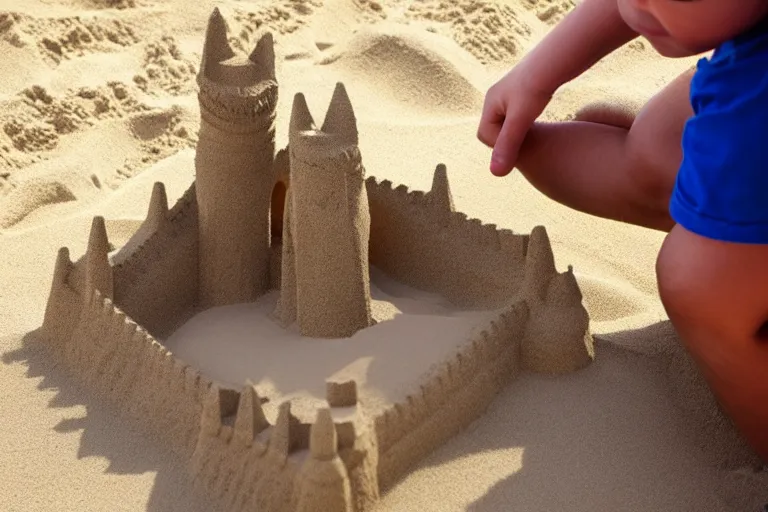 Image similar to a kitten touching a completed sand castle
