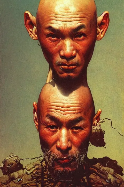 Image similar to beautiful cute bald kazakh guy with a short beard, painted by beksinski, norman rockwell, jack kirby, tom lovell, alex malveda, greg staples