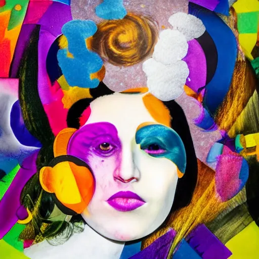 Image similar to The mixed media art is an abstract portrait of a woman. The woman's face is divided into two halves, one half is black and the other is white. The woman's eyes are large and staring. The mixed media art is full of energy and movement. by Rachel Maclean, by Oskar Fischinger relaxed