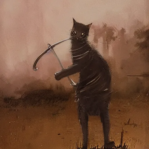 Prompt: a cat holding a sword by jakub rozalski