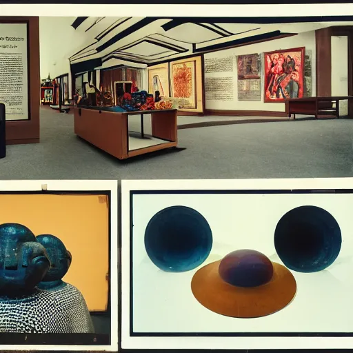 Image similar to A three color offset photography of objects on display, anthropology of wonder, exotic artifacts, bauhaus, colonial expedition, exhibition, 60s style