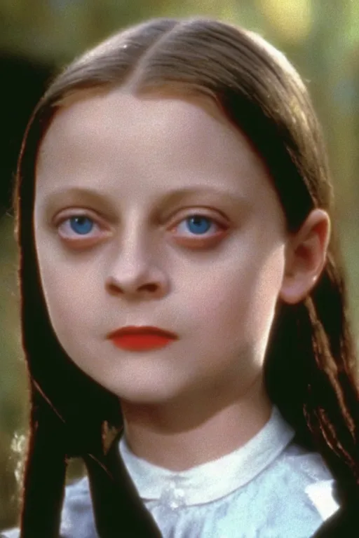 Image similar to Young Jodie Foster as Wednesday in The Addams Family 1991