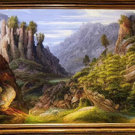 Prompt: a beautiful and highly detailed oil painting of a lost valley in the mountains, intricate details, epic scale, insanely complex, 8 k, sharp focus, hyper realism, fantasy landscape, psychedelic, by caspar friedrich,