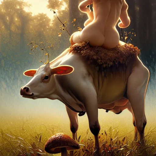Image similar to photo of a many mushrooms sprouting from a cow's back. highly detailed, digital painting, artstation, smooth, sharp focus, masterpiece, illustration, art by greg rutkowski and alphonse mucha
