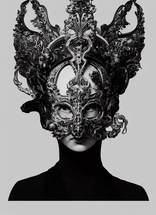 Image similar to highly detailed oil painting | very intricate | cinematic lighting | black and white, black background | the trumpet mask by alexander mcqueen | by roberto ferri, by leng jun, by j. c. leyendecker and klimt, american romanticism, by austin osman spare, artstation, cgsociety, official art, octane