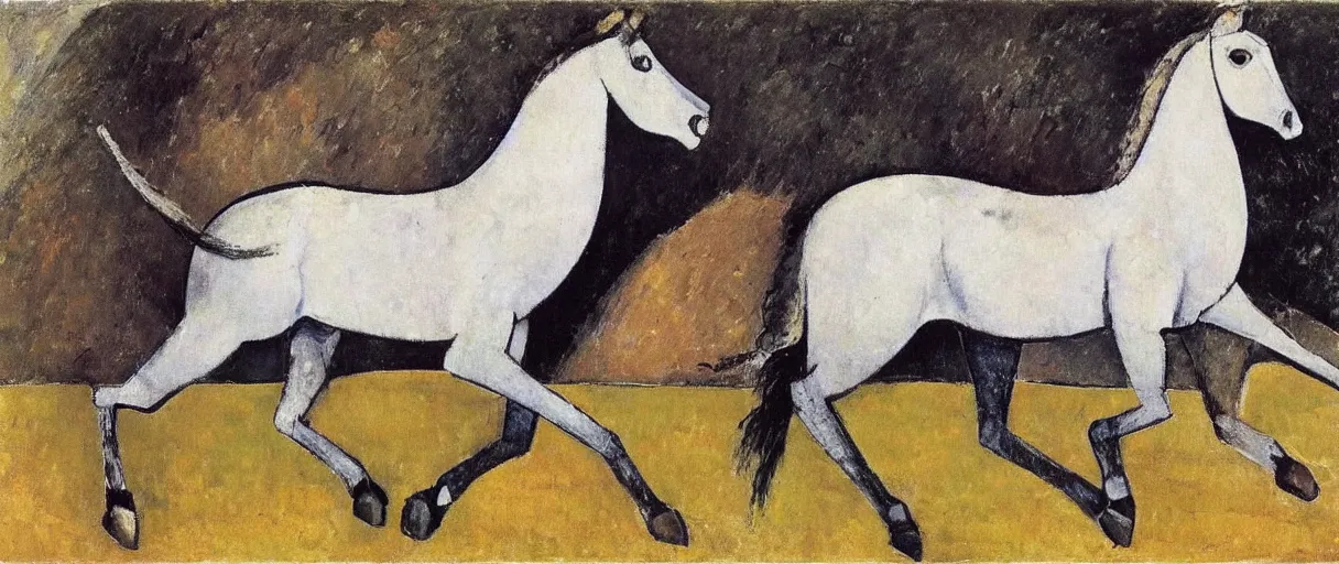 Image similar to a white horse galloping across the prairie, by amedeo modigliani