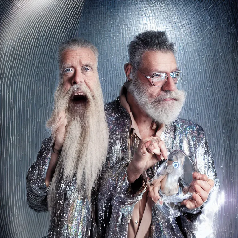 Image similar to high fashion photoshoot octane render portrait by wayne barlow and carlo crivelli and glenn fabry, a distinguished sci - fi futuristic wizard with a long white beard wearing a clear plastic iridescent jacket and holding a magical adorable critter while standing inside a futuristic beautiful boutique fantasy hotel lobby, very short depth of field, bokeh