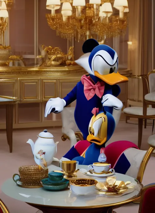 Image similar to jodie march and donald duck having tea at the ritz, octane render, cinematic, elegant, intricate, 8 k