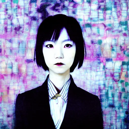 Image similar to yoshitaka amano blurred and dreamy realistic three quarter angle portrait of a young asian woman with black lipstick and black eyes wearing dress suit with tie, junji ito abstract patterns in the background, satoshi kon anime, noisy film grain effect, highly detailed, renaissance oil painting, weird portrait angle, blurred lost edges