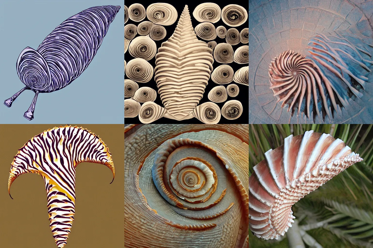 Prompt: a spiral cone shell creature, with many faces and a big arm for walking