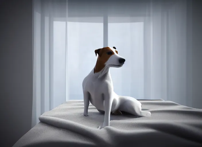 Image similar to photography of a Jack Russel watching outside the window on a bed in a 3d rendered white room, octane render, 3d, foggy, volumetric light, volumetric fog, photorealistic, unreal engine 5, award winning photo, 100mm, sharp, cloth, high res