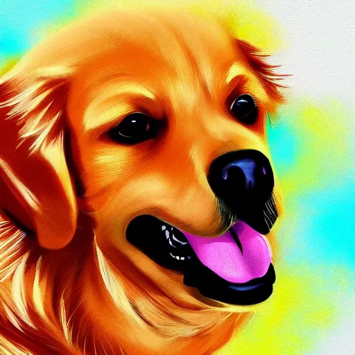 Image similar to a happy golden retriever, colorful digital painting, trending on artstation